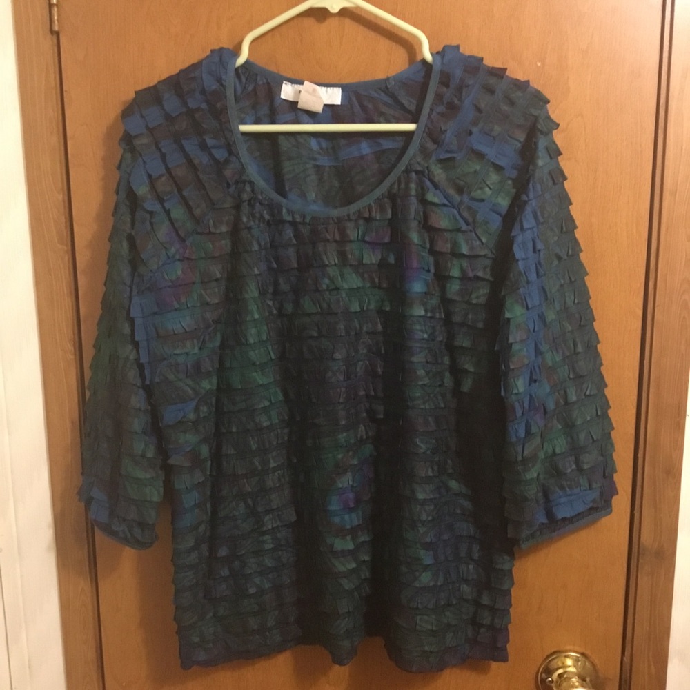 Moa Moa Navy and Green Layered Ruffle Scoop Neck Blouse 1X